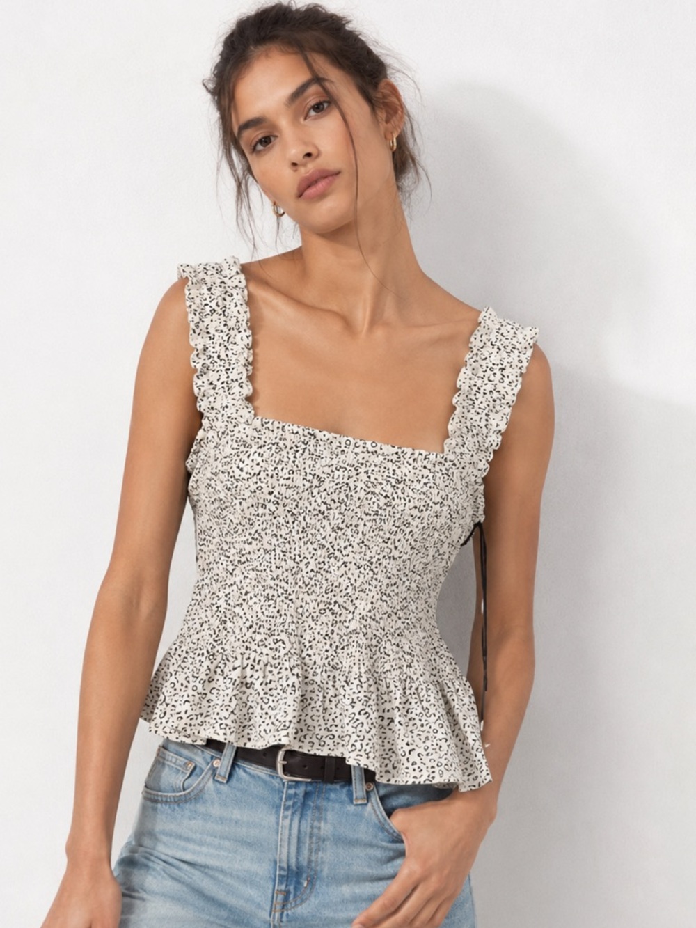 Japna Babydoll Leopard Print Smocked Peplum Tank Top NEW Ruffle Strap Coquette L